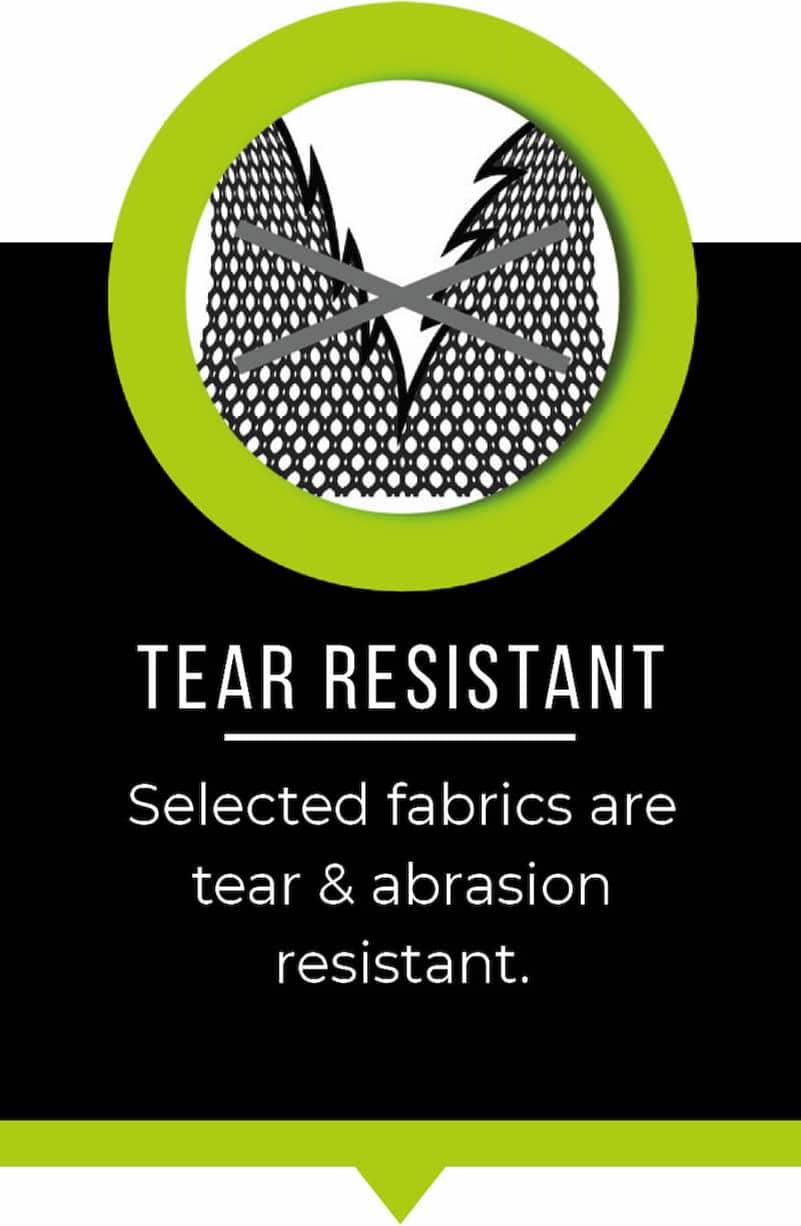 Tear resistant. Selected fabrics are tear and abrasion resistant.